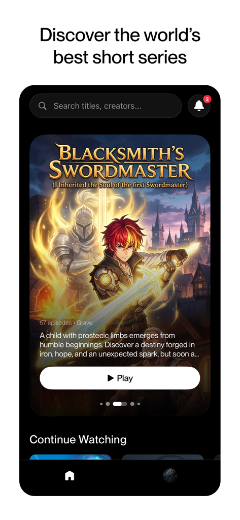 Home screen of the Trimz app featuring the short series Blacksmith's Swordmaster.