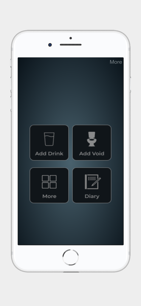 FemPulse Bladder Diary - FemPulse 膀胱ダイアリーアプリのメインダッシュボード。ドリンクと排尿イベントを記録するためのボタンが表示されています。
