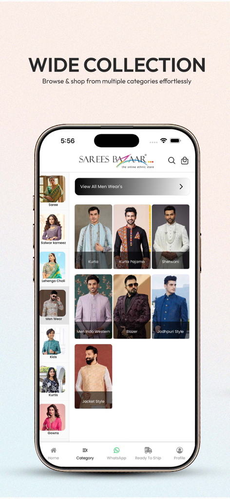 Sarees Bazaar - Ethnic Store - Sarees Bazaar app browse screen showing a wide collection of Indian ethnic wear categories