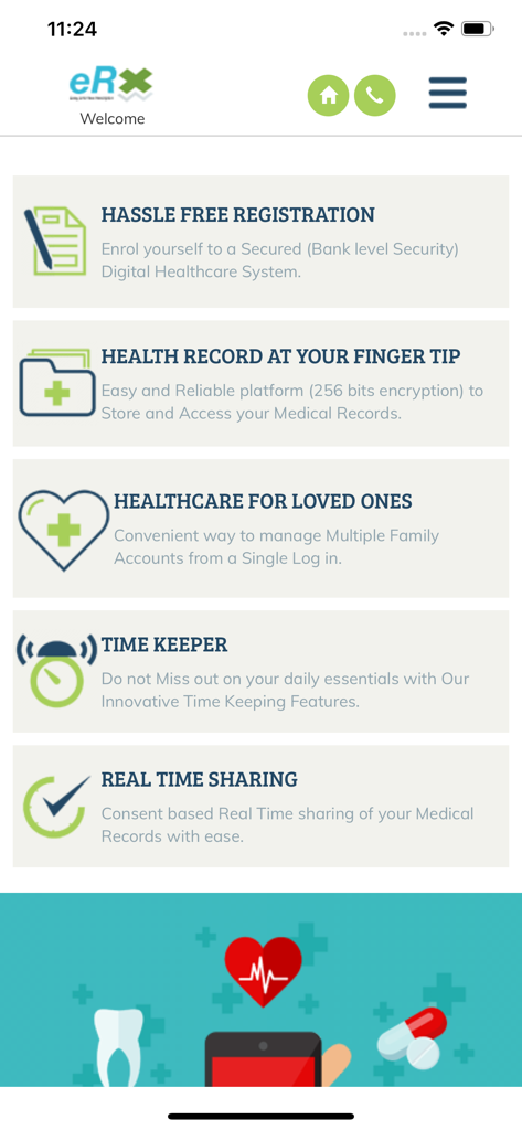 ERX - Screenshot der eRx-App, die Kernfunktionen wie die Registrierung digitaler Gesundheitsakten und den Echtzeit-Austausch anzeigt