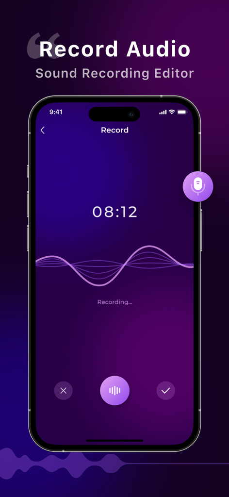 Audio Editor:Music Editor - Interface of the Audio Editor app showing a live voice recording with sound waves and timer
