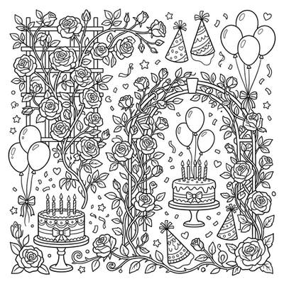 Unveil a delightful scene where elegant climbing roses intertwine with festive birthday elements. This intricate coloring page promises hours of creative joy, blending nature's beauty with celebration.