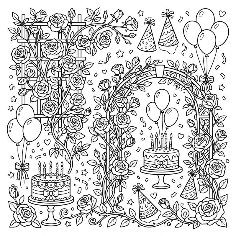Unveil a delightful scene where elegant climbing roses intertwine with festive birthday elements. This intricate coloring page promises hours of creative joy, blending nature's beauty with celebration.