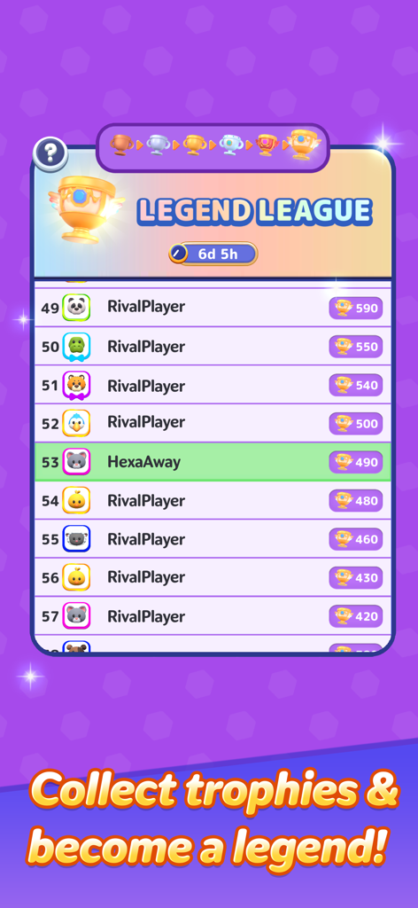 Leaderboard screen for Hexa Away showing player rankings and trophies in the Legend League