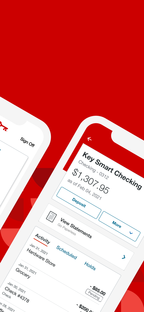 KeyBank Mobile Banking - Interfaz de la aplicación de Banca Móvil KeyBank que muestra el saldo de la cuenta y las transacciones recientes
