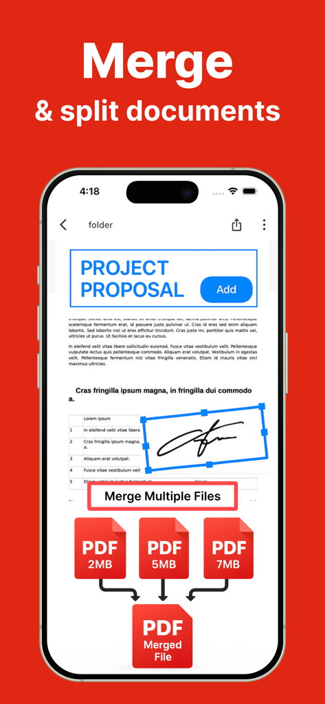 Photo to PDF converter scan. - Interfaz de smartphone que muestra la función de fusionar y dividir de una aplicación de escáner PDF, combinando varios documentos en uno