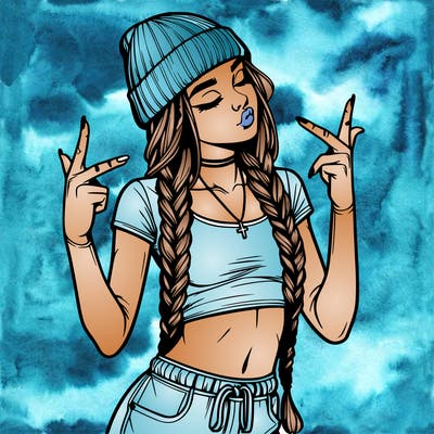 realistic teenage girl with braids and a beanie and crop top doing 🫶🏼