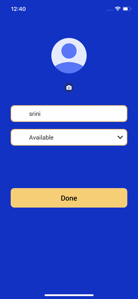 EasyCalls app user profile setup screen with fields for name and availability status