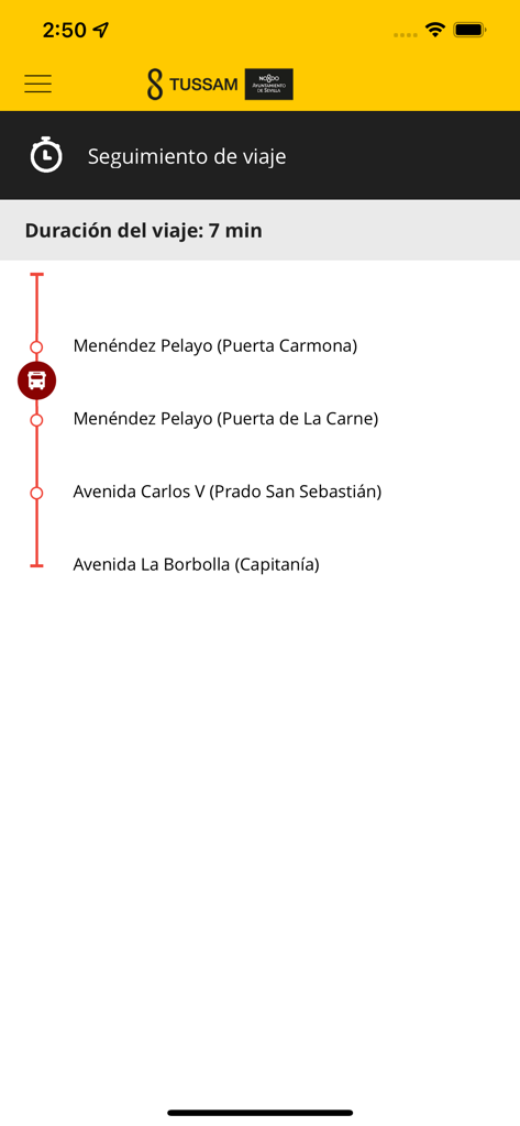 Real-time bus route tracking in AppTUSSAM showing transit stops and travel time