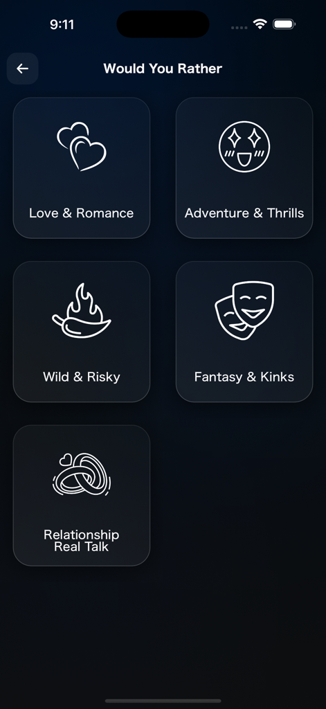 The Party Deck - Menu showing different Would You Rather categories in The Party Deck party game app