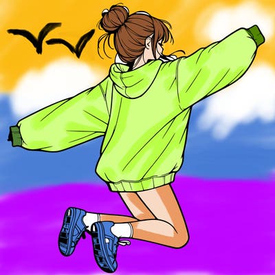 realistic girl jumping with a bun and oversized sweatshirt