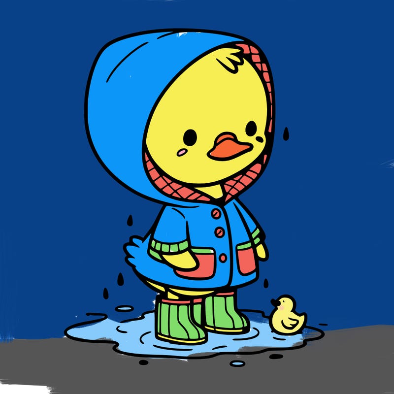 baby duck in a rain coat and boots, in a puddle while it’s raining