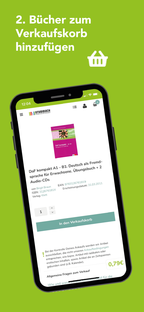 A mobile phone screen showing a textbook ready to be added to the Studibuch selling basket for buyback