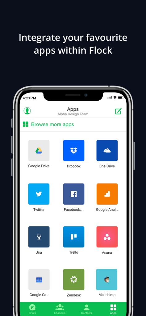 Flock: Team Communication App - Flock app interface showing integrations with popular business tools like Google Drive Jira and Trello