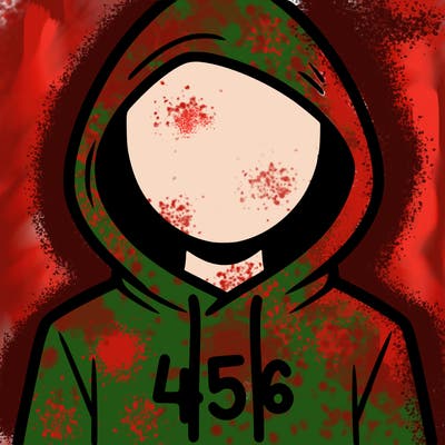 a person with non face waering a hoodie with a 456 symbol