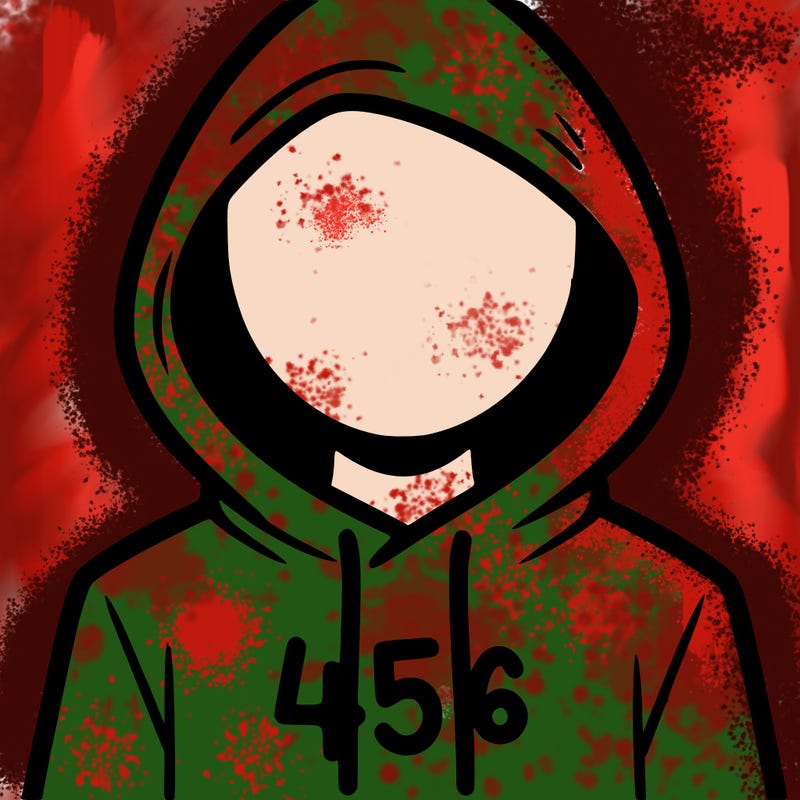 a person with non face waering a hoodie with a 456 symbol
