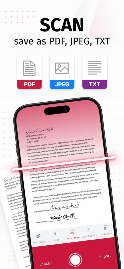 SwiftScan AI Document Scanner - SwiftScan AI mobile app scanning a document with options to save as PDF JPEG or TXT formats