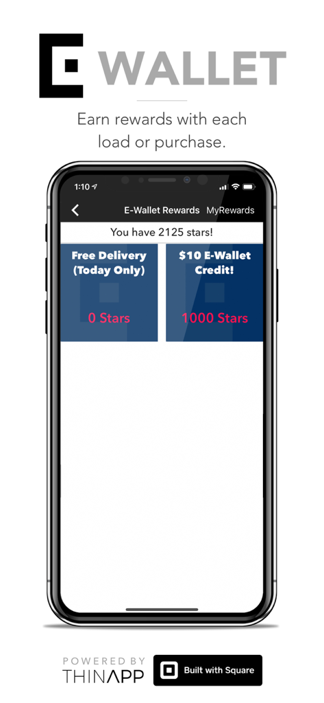 E-Wallet - Digital Cash - E-Wallet app screen displaying loyalty stars and reward options like free delivery and account credit