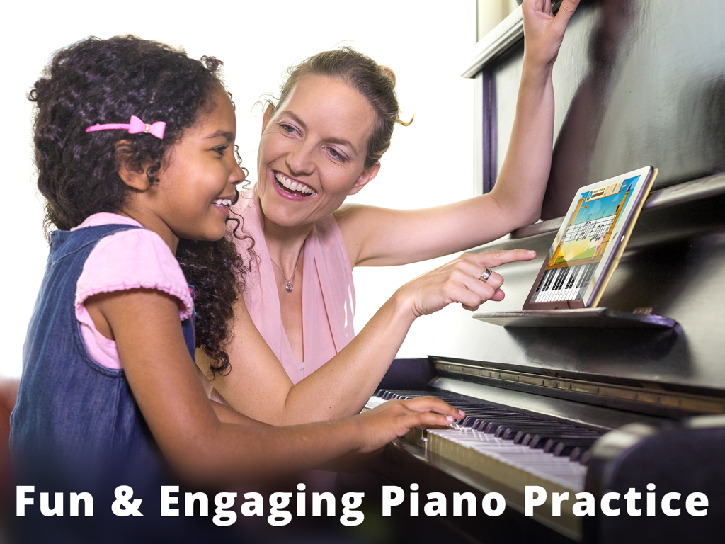 Piano Maestro - Una niña y su profesora usando la aplicación Piano Maestro en un iPad para practicar piano