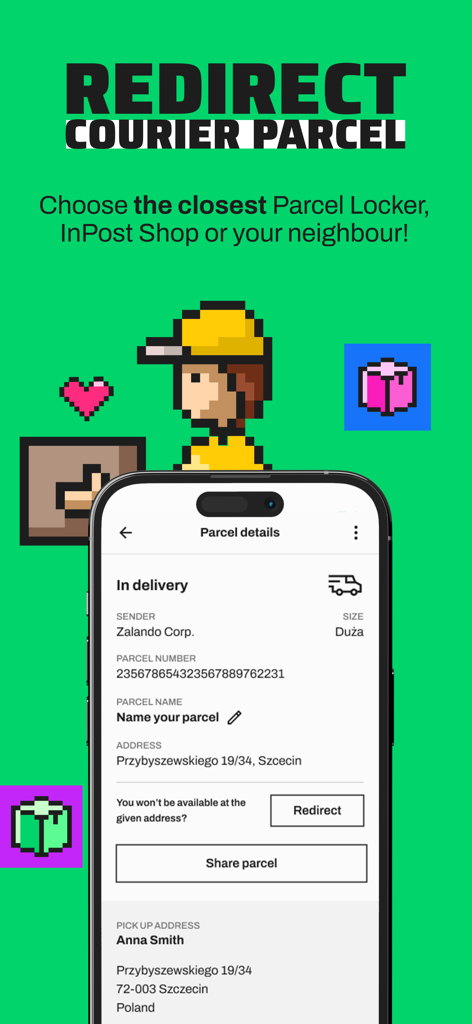 InPost Mobile - InPost Mobile app interface for redirecting a parcel delivery with options to choose a locker or neighbor.