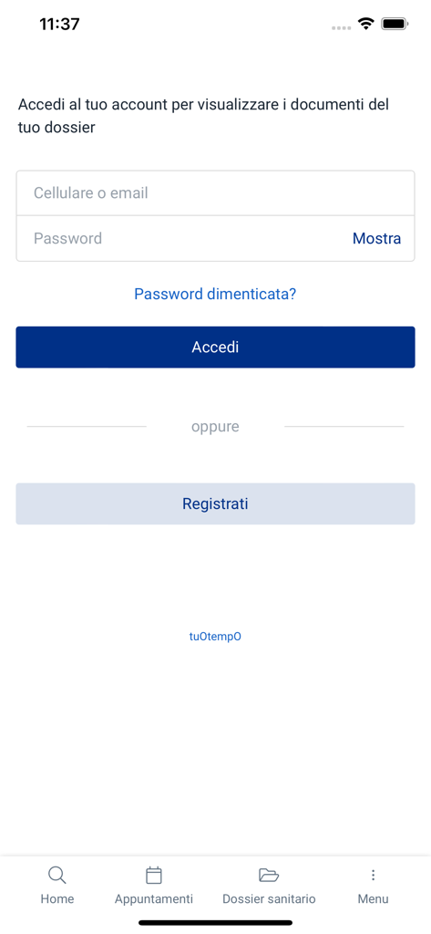 CDC|Affidea - Schermata di accesso e registrazione per l'app sanitaria CDC Affidea