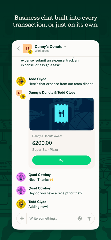 Expensify - Travel & Expense - Expensify mobile app interface showing business chat for expense tracking and payments