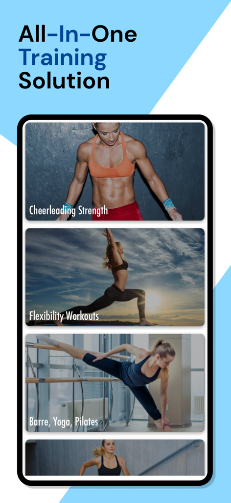 Cheerleading Conditioning - Cheerleading Conditioning app screen showing modules for strength, flexibility, and pilates training.