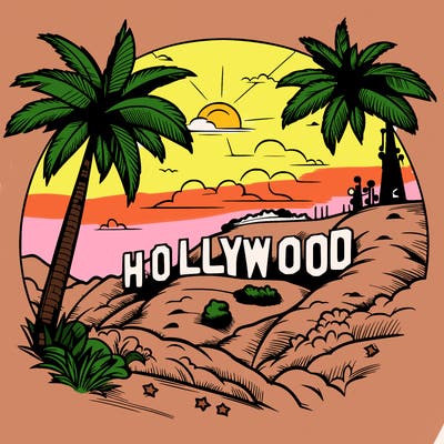 realistic pretty hollywood sign on mountain with palm trees