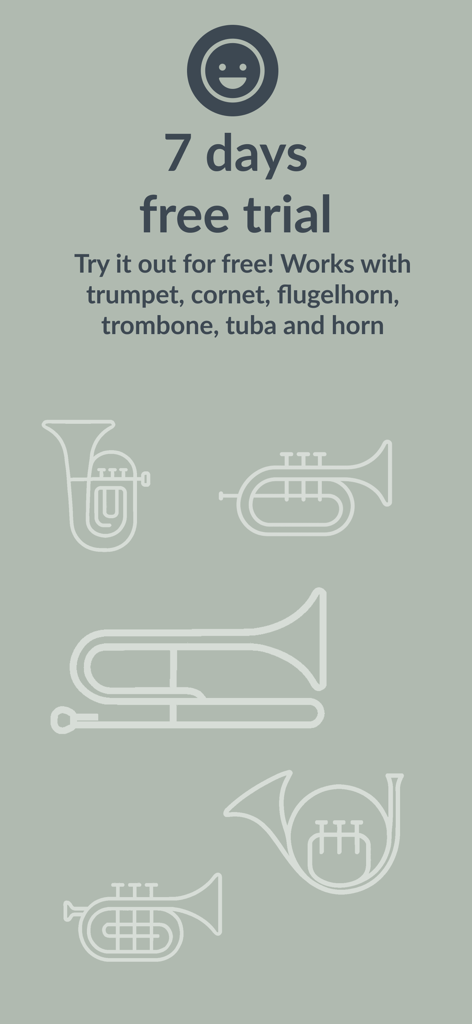 Teste gratuito de 7 dias do aplicativo Neotones para instrumentos de metais como trompete e trombone