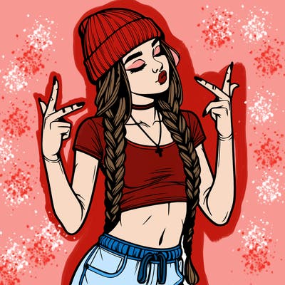realistic teenage girl with braids and a beanie and crop top doing 🫶🏼