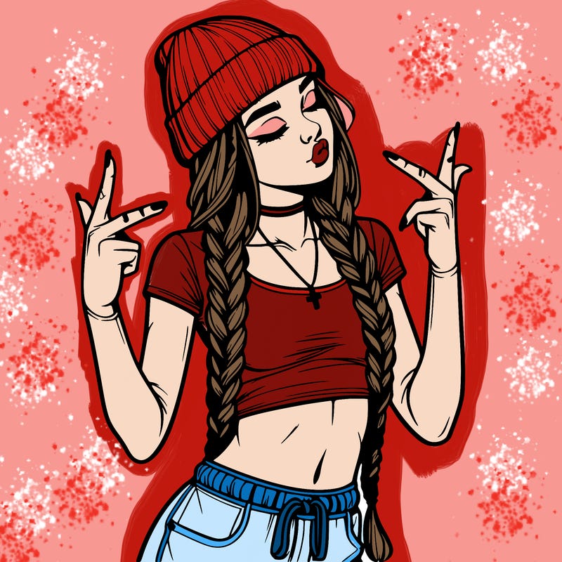 realistic teenage girl with braids and a beanie and crop top doing 🫶🏼