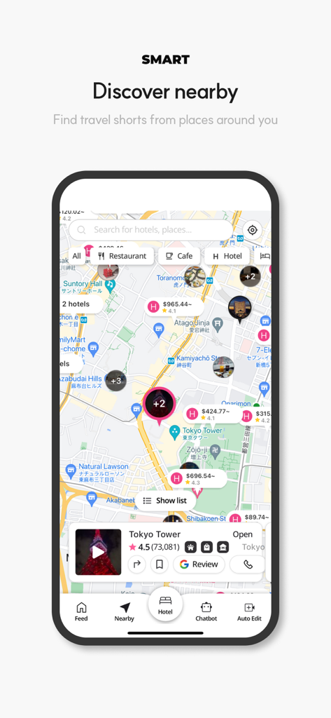 ViiV - Find the perfect travel - ViiVアプリのインターフェース。東京の地図にホテルやレストランのピンが表示され、旅行ショートの近くの発見機能があります。