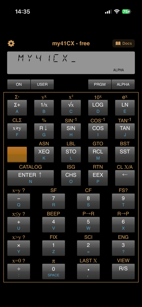 my41CX - Interface of the my41CX app showing a high-fidelity HP-41CX calculator emulation on an iPhone
