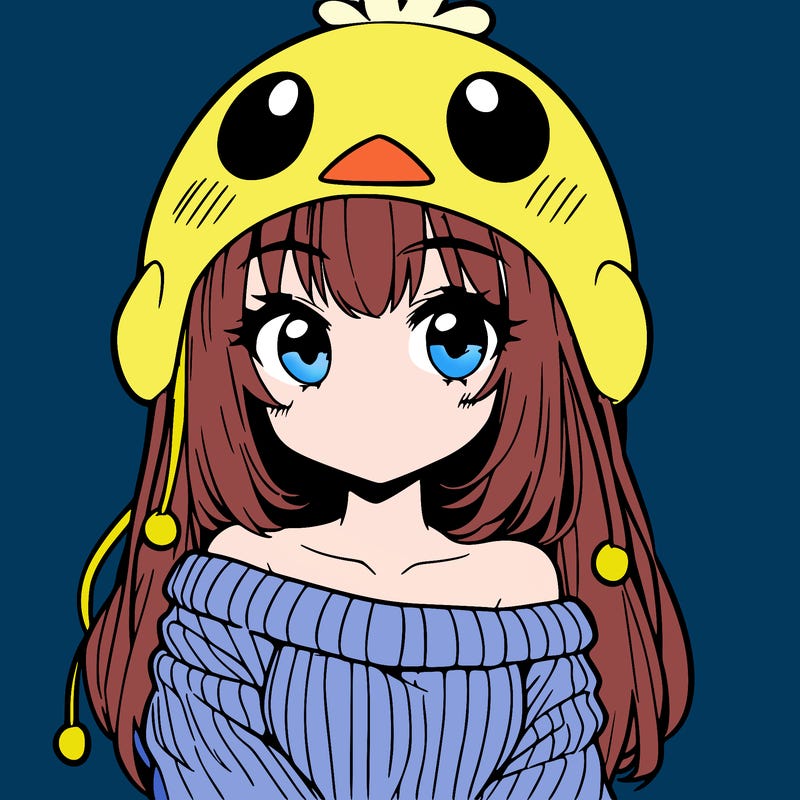 anime girl with chick shaped hat with sweater with bare shoulders with bangs covering them one eye with low tail