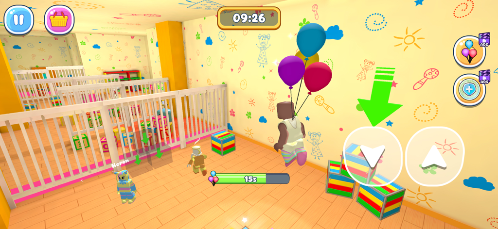 World of Parkour: Factory Run - Character floating with balloons in a colorful nursery parkour level