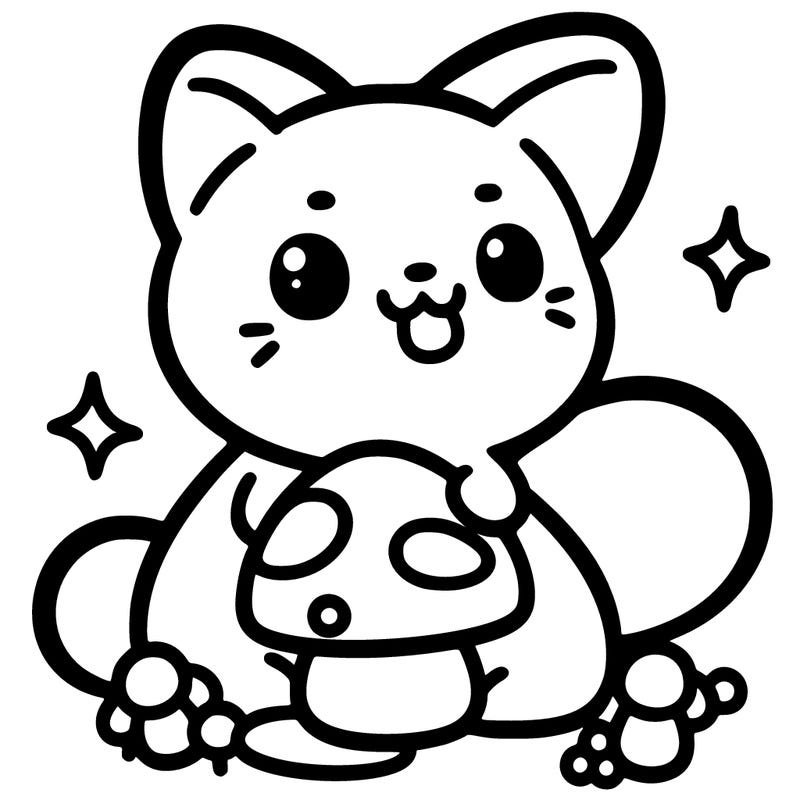 cute and simple cat with mushroom in mouth