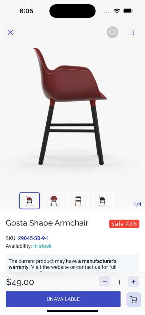 Esypay Joomla - Product details page for a red armchair in the Esypay Joomla marketplace app