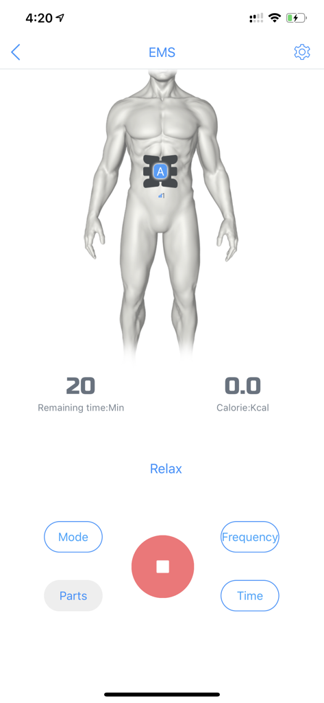 DorrayアプリのEMS筋刺激コントロールインターフェース。ワークアウト時間と腹部のターゲットが表示されています。