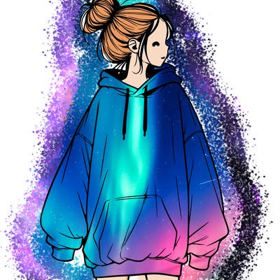 realistic girl with a oversized sweatshirt on and a bun