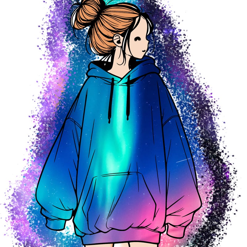 realistic girl with a oversized sweatshirt on and a bun