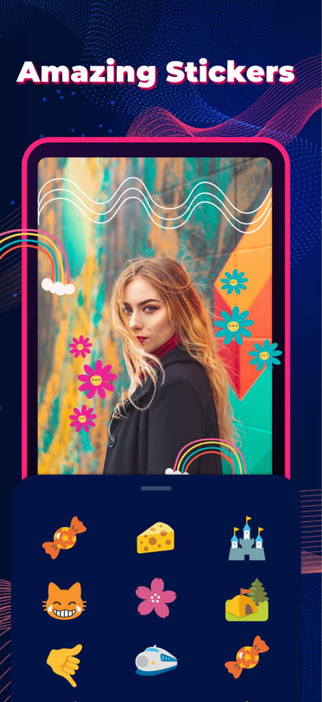 Interface of the Vlog Star Maker app showing colorful stickers like flowers and rainbows applied to a video