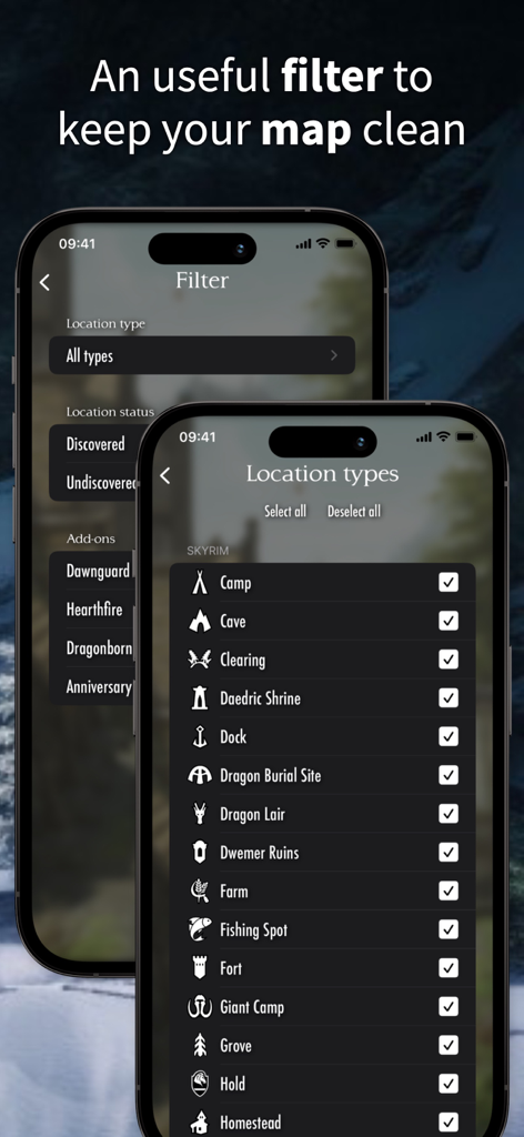 The Elder Scrolls Map - Interface of the Elder Scrolls Map app showing location type filters for Skyrim markers like caves and shrines.