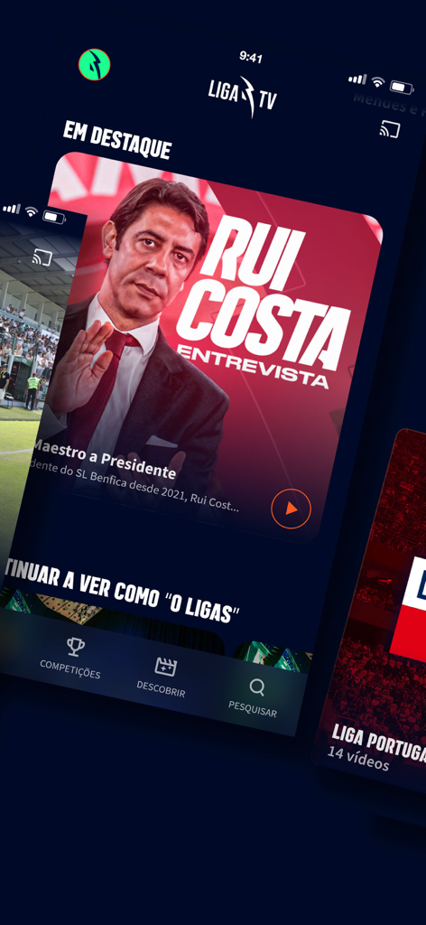 LIGA TV - Pantalla de inicio de la aplicación LIGA TV con una entrevista de fútbol a Rui Costa