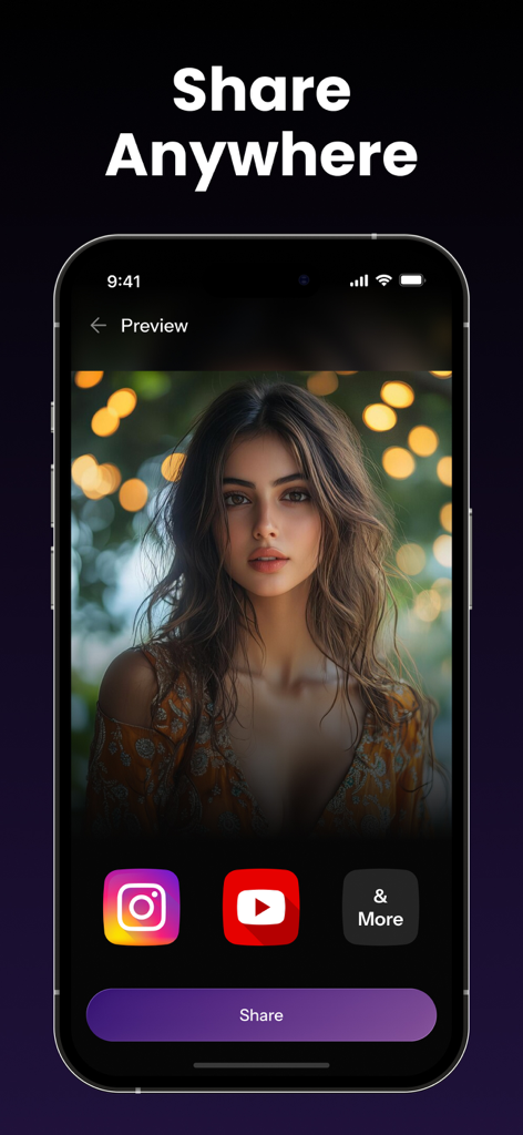 A mobile screen showing the share feature of the Zix app with icons for Instagram and YouTube over an AI generated portrait