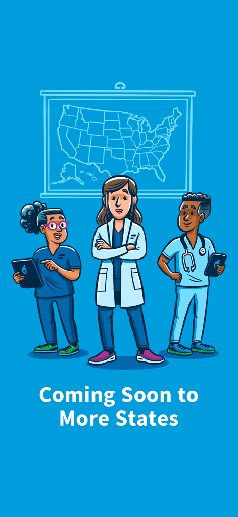Docket® - Immunization Records - Cartoon illustration of medical professionals in front of a USA map with the text Coming Soon to More States.