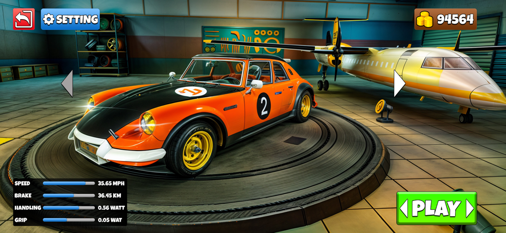 Orange and black stunt car on a rotating platform in a garage menu showing speed and handling stats