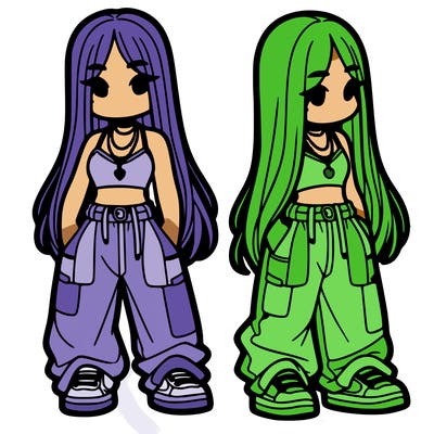 girl in baggy pants crop top and long hair