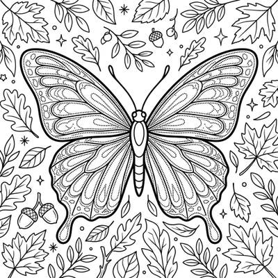 Discover the serene beauty of autumn with this exquisite dot work butterfly coloring page. Its detailed wing patterns and surrounding fall foliage offer a captivating creative escape.