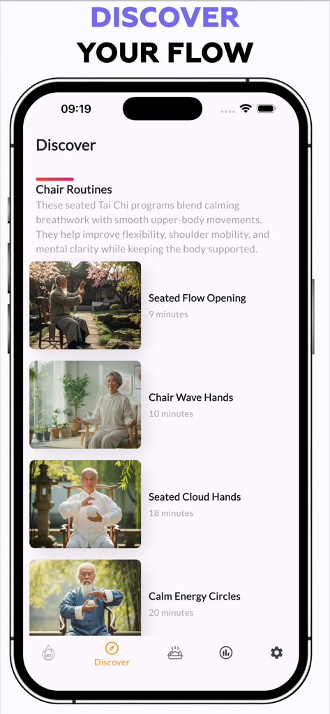 L'interfaccia dell'app mostra varie routine di Tai Chi seduto, inclusi Flusso Seduto Apertura e Mani ad Onda Sedute per il benessere a basso impatto.
