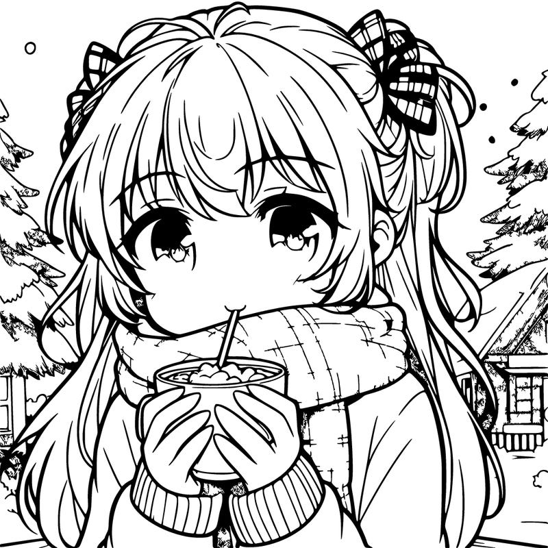 amime girl drinking hotcoco in a winter day